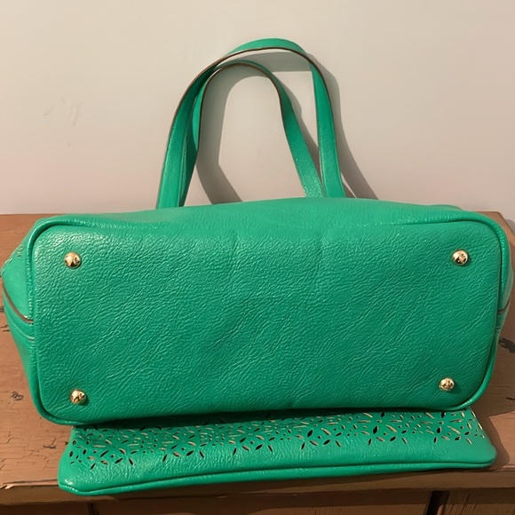 RALPH LAUREN Laser Cut Perforated Chantilly Tote Bag Clutch Green Purse Leather - Picture 9 of 16